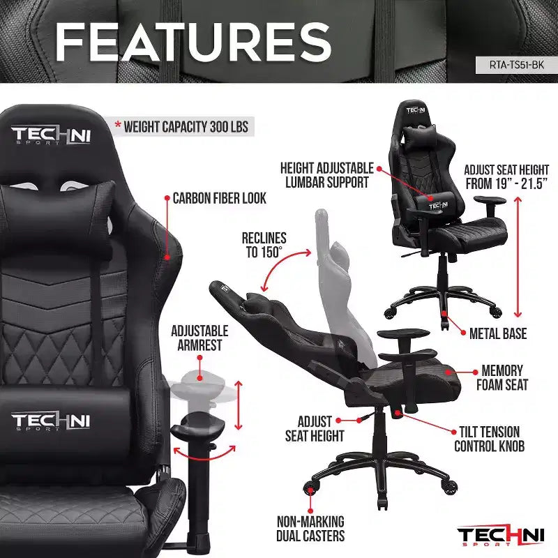 Silla de juego ergonómica ajustable TUYOHW, sillas de oficina giratorias 360° con reposacabezas y almohada lumbar, silla reclinable 90-150 para oficina y hogar, 136 kg máx., negro
