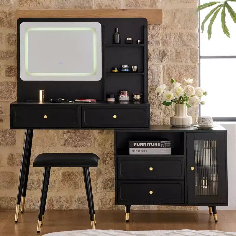 Whisen Modern Makeup Vanity Desk, Retractable Dressing Table, Compact Makeup Table Set with Mirror, Drawers and Cabinet