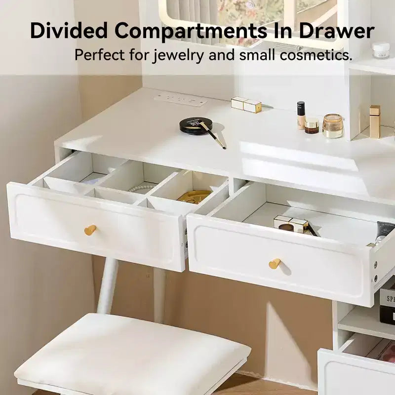 Whisen Modern Makeup Vanity Desk, Retractable Dressing Table, Compact Makeup Table Set with Mirror, Drawers and Cabinet