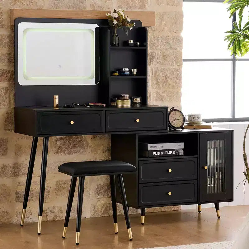 Whisen Modern Makeup Vanity Desk, Retractable Dressing Table, Compact Makeup Table Set with Mirror, Drawers and Cabinet