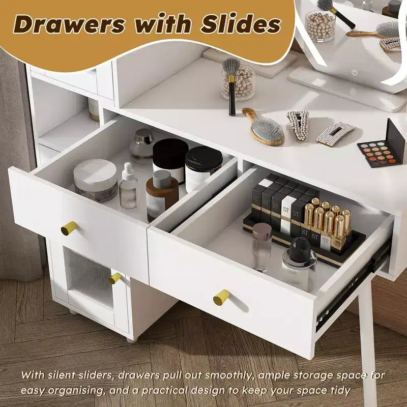 LED Mirror Vanity Tables, White Vanity with 3 Drawers, 2 Shelves, 4 Hidden Cabinets (Glass Doors), 3 Light Modes, for Bedroom or Living Room
