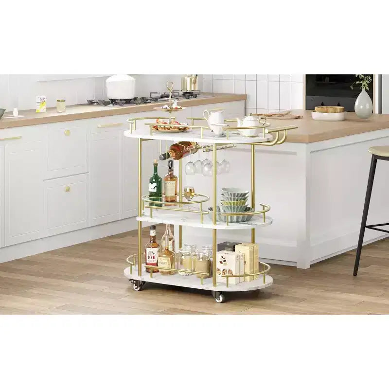 2023 Rotating Serving Cart, Metal & Wood Material, Gold, for Home & Party Use