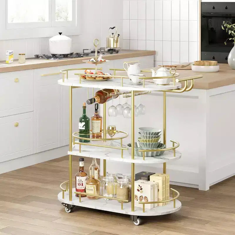 2023 Rotating Serving Cart, Metal & Wood Material, Gold, for Home & Party Use