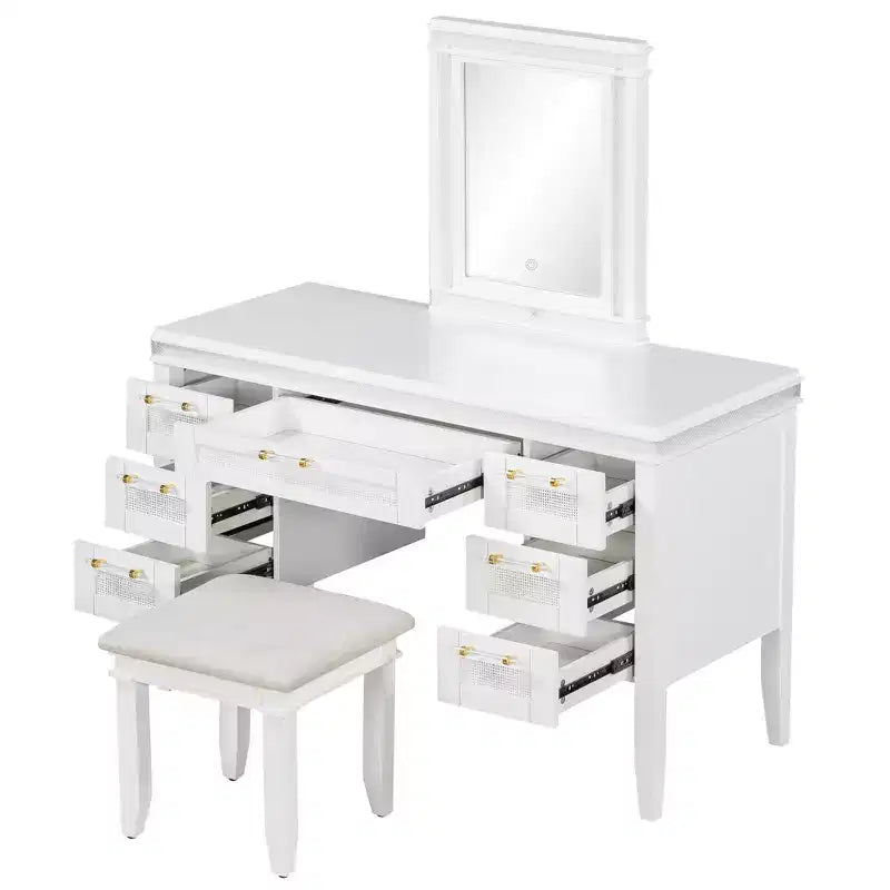 GDFStudio Amelia Classic Boho Wood Makeup Vanity Desk with Lighted Mirror, 7 Drawers and Cushioned Stool