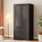 65 Wooden Armoire Wardrobe Closet, Wood Clothing Storage Cabinets with 2 Doors and 2 Drawers, Wooden Wardrobe Closet with Hanging Rod for Bedroom