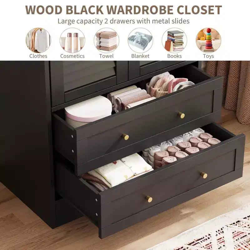 65 Wooden Armoire Wardrobe Closet, Wood Clothing Storage Cabinets with 2 Doors and 2 Drawers, Wooden Wardrobe Closet with Hanging Rod for Bedroom