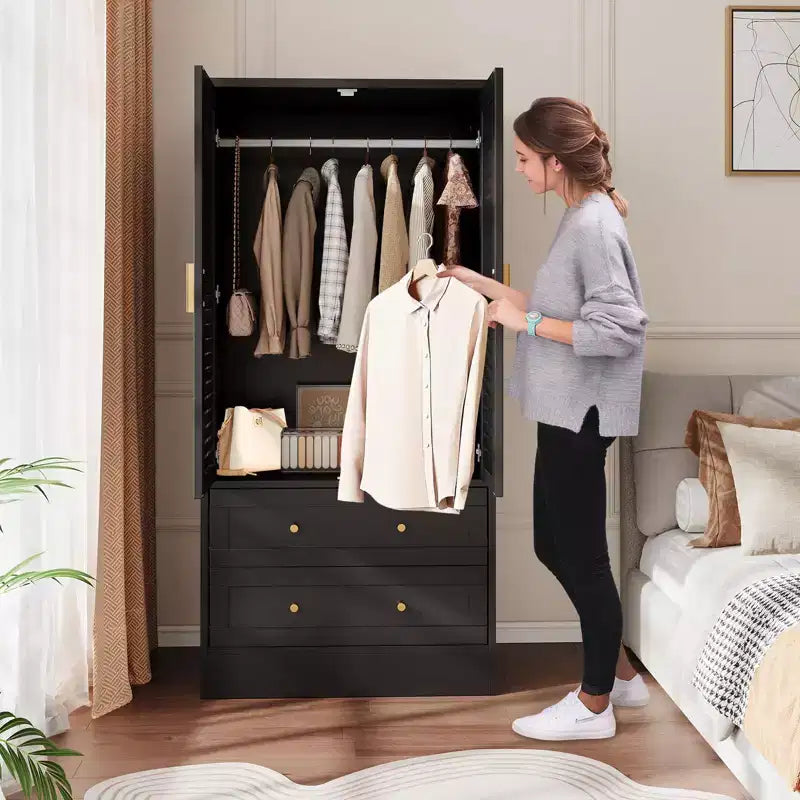 65 Wooden Armoire Wardrobe Closet, Wood Clothing Storage Cabinets with 2 Doors and 2 Drawers, Wooden Wardrobe Closet with Hanging Rod for Bedroom