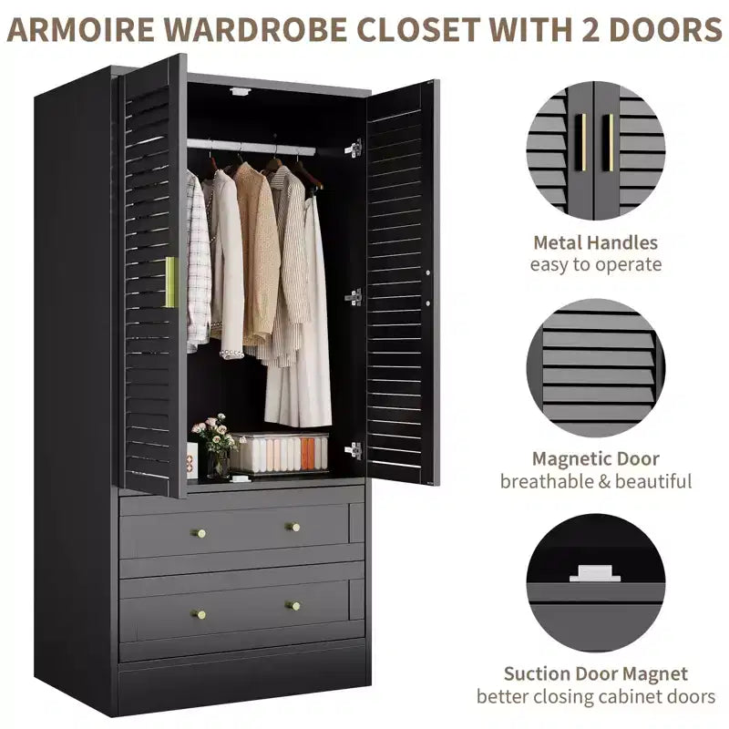 65 Wooden Armoire Wardrobe Closet, Wood Clothing Storage Cabinets with 2 Doors and 2 Drawers, Wooden Wardrobe Closet with Hanging Rod for Bedroom