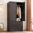 65 Wooden Armoire Wardrobe Closet, Wood Clothing Storage Cabinets with 2 Doors and 2 Drawers, Wooden Wardrobe Closet with Hanging Rod for Bedroom