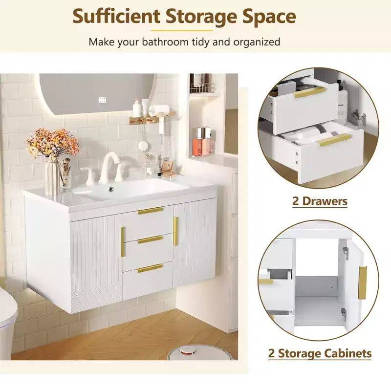 36-Inch Wall-Mounted Bathroom Vanity with 2-Drawer Floating Bathroom Storage Unit, Solid Wood Bathroom Cabinet,White