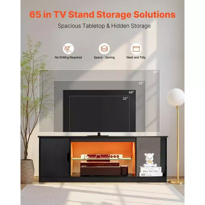 VIYET Modern Black TV Stand - Fits 65 TVs, Light Strip, Glass&Adjustable Shelves