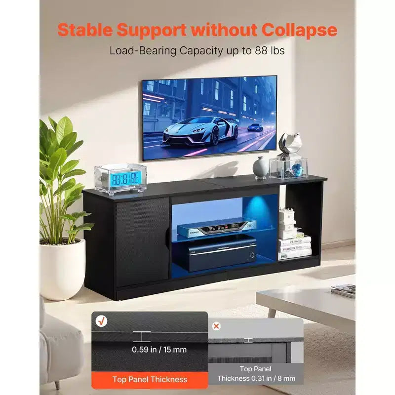 VIYET Modern Black TV Stand - Fits 65 TVs, Light Strip, Glass&Adjustable Shelves