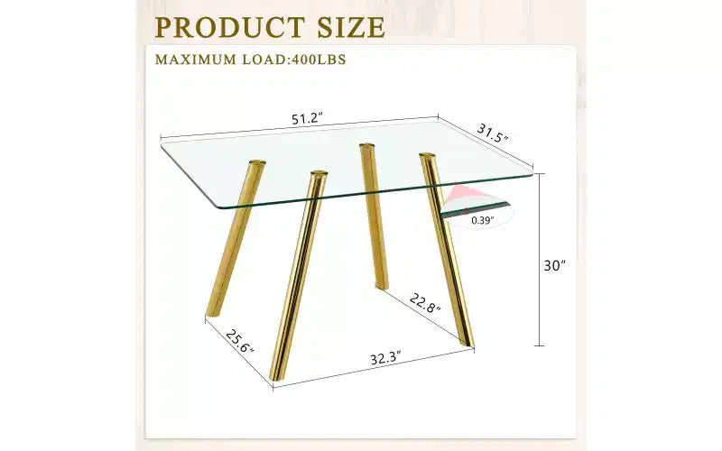 TUYOHW Tempered Glass Dining Table with Metal Legs,51 Rectangle Kitchen Table with Rounded Corners,Minimalist Table for Living,Dining Room