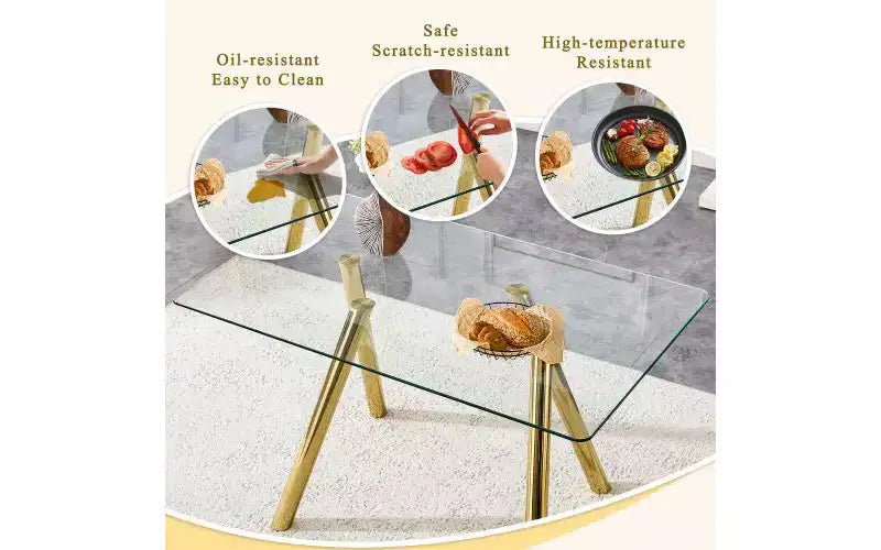 TUYOHW Tempered Glass Dining Table with Metal Legs,51 Rectangle Kitchen Table with Rounded Corners,Minimalist Table for Living,Dining Room