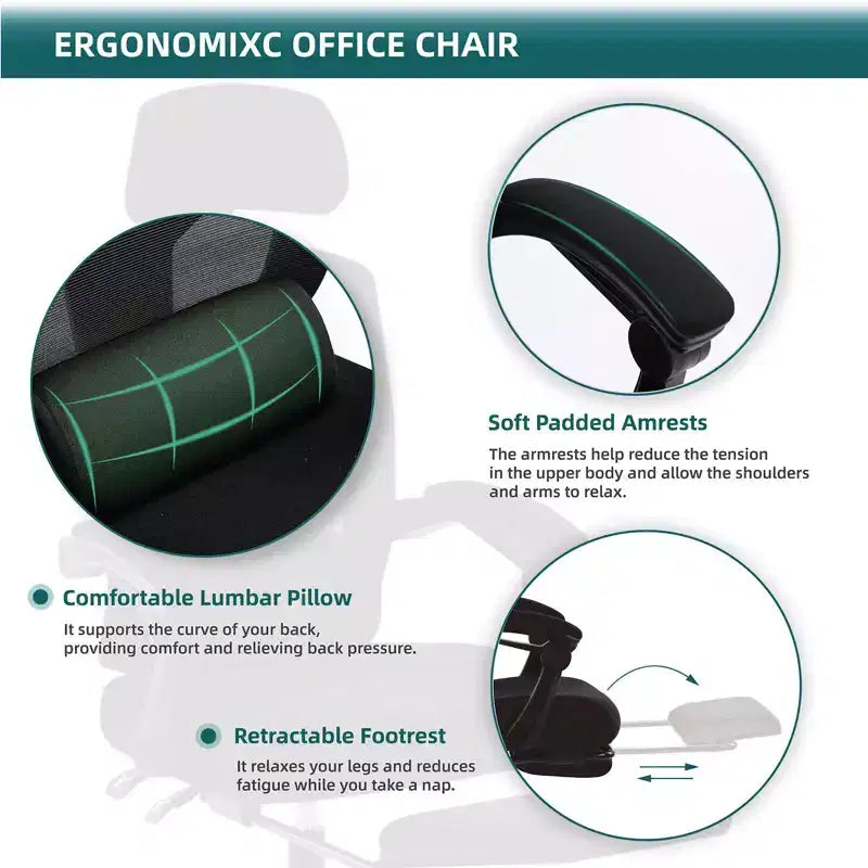 Silla de oficina ergonómica TUYOHW con reposapiés retráctil, silla gaming con cojín de apoyo lumbar y reposabrazos acolchados, silla giratoria para oficina
