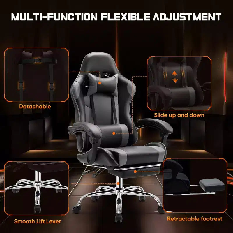 Silla de oficina ergonómica TUYOHW con reposapiés, reclinable de cuero PU con reposacabezas y reposabrazos fijos, silla de ordenador para estudio, oficina