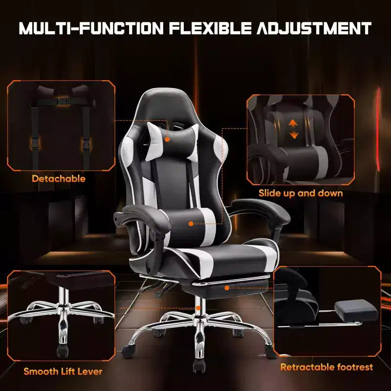 Silla de oficina ergonómica TUYOHW con reposapiés, reclinable de cuero PU con reposacabezas y reposabrazos fijos, silla de ordenador para estudio, oficina
