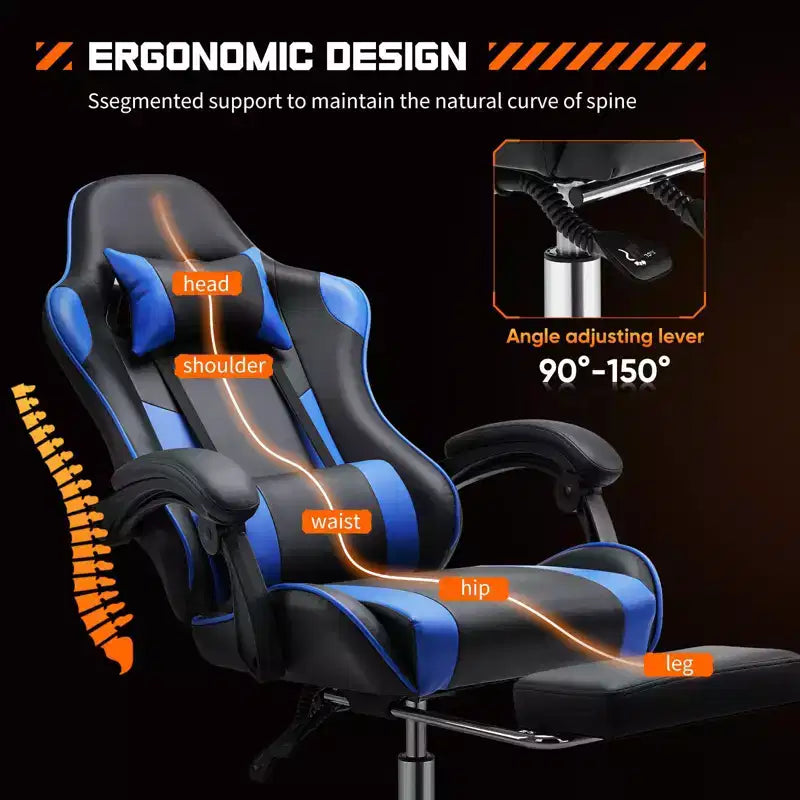 Silla de oficina ergonómica TUYOHW con reposapiés, reclinable de cuero PU con reposacabezas y reposabrazos fijos, silla de ordenador para estudio, oficina