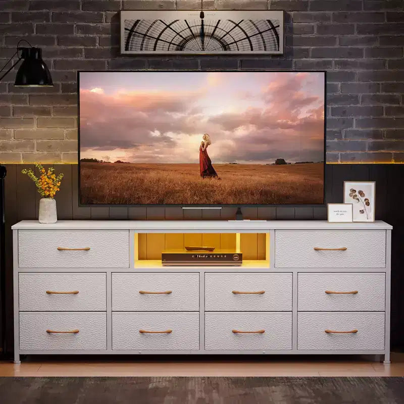 Large White 10 Drawer Dresser TV Stand For 75 Inch TV Media Console Fabric Storage Chest With Power Outlets LED Lights Bedroom Furniture Organizer