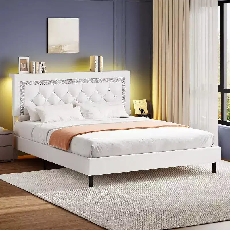 Platform Bed Frame with Upholstered Diamond Tufted Headboard, Wood Slat Support, No Box Spring Required for Full, Queen or King Size