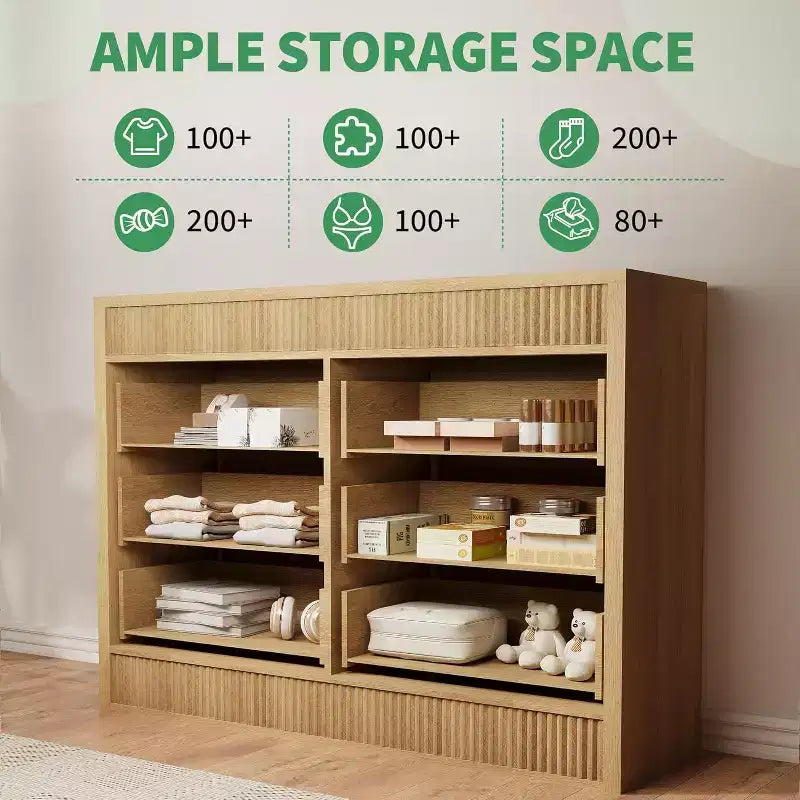 6 Drawer Dresser for Bedroom,Wooden Fluted Chest of Drawers,Modern Oak Storage Organizer for Living Room,Hallway, Entryway