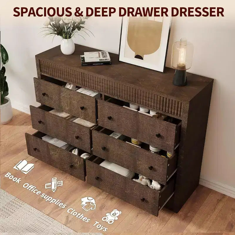 6 Drawer Dresser for Bedroom,Wooden Fluted Chest of Drawers,Modern Oak Storage Organizer for Living Room,Hallway, Entryway