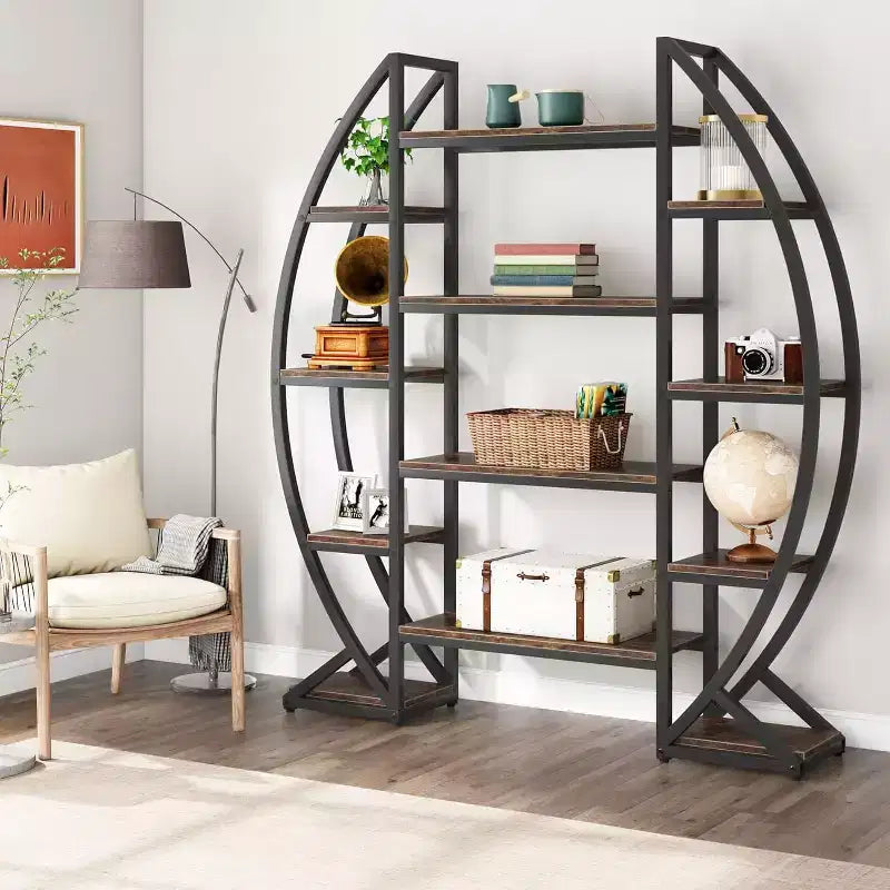 Lantine Oval Bookshelf, Triple Wide 5 Tier Etagere Bookcase, Industrial Display Shelves for Living Room (Brown, 55)
