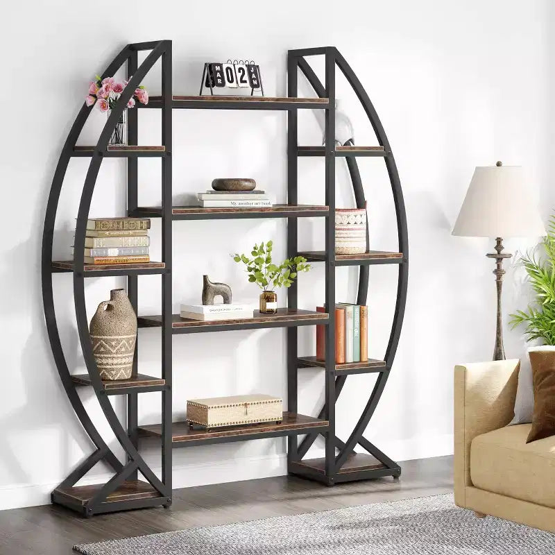 Lantine Oval Bookshelf, Triple Wide 5 Tier Etagere Bookcase, Industrial Display Shelves for Living Room (Brown, 55)