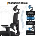 Silla de oficina ergonómica de malla de alta resistencia para videojuegos, con respaldo alto, reposabrazos abatibles 4D, reposacabezas y soporte lumbar ajustables, capacidad de 181 kg