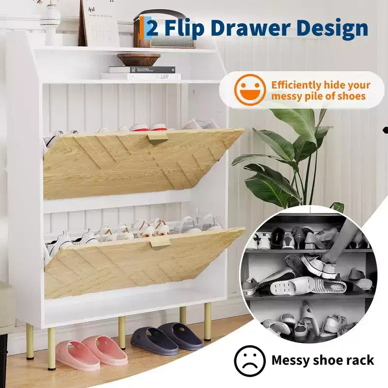 Shoe Cabinet, Entryway Cabinet  45H 2-Flip Drawer Wood Cabinet White+Wood Hidden Storage 31.1W x 9.1D
