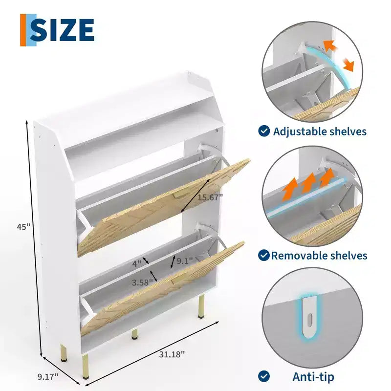 Shoe Cabinet, Entryway Cabinet  45H 2-Flip Drawer Wood Cabinet White+Wood Hidden Storage 31.1W x 9.1D