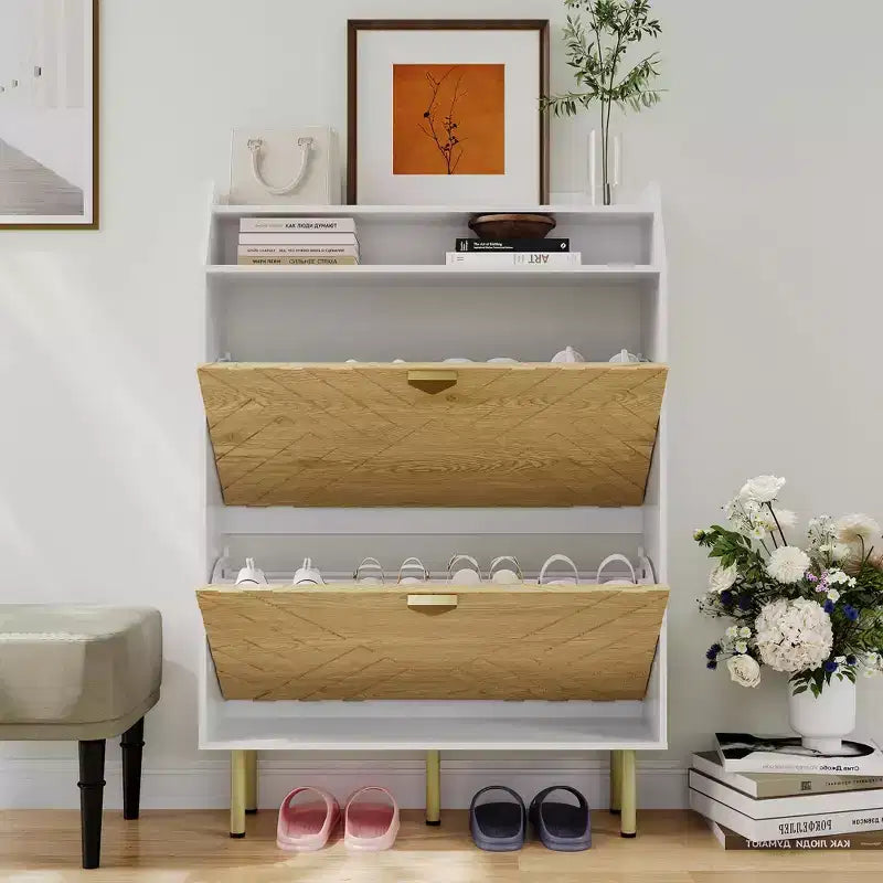Shoe Cabinet, Entryway Cabinet  45H 2-Flip Drawer Wood Cabinet White+Wood Hidden Storage 31.1W x 9.1D