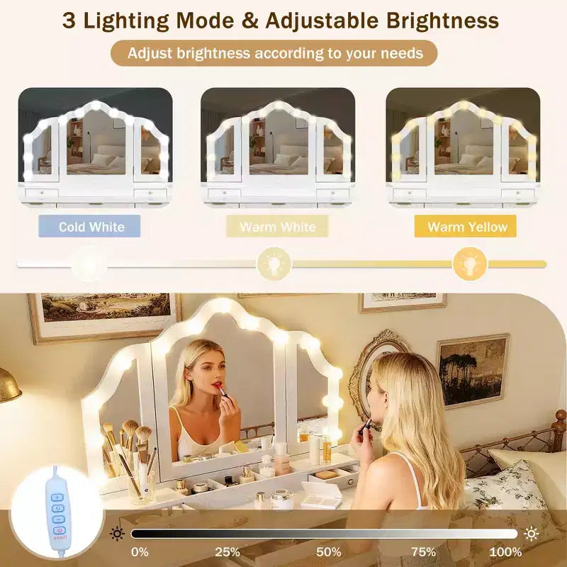 44.37 Makeup Vanity Desk with 13 LED Bulbs, 3 Lighting Modes, Tri-Fold Mirror, 5 Drawers & Shelves, Bedroom Charging Station, White