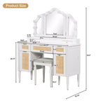 44.37 Makeup Vanity Desk with 13 LED Bulbs, 3 Lighting Modes, Tri-Fold Mirror, 5 Drawers & Shelves, Bedroom Charging Station, White
