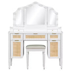 44.37 Makeup Vanity Desk with 13 LED Bulbs, 3 Lighting Modes, Tri-Fold Mirror, 5 Drawers & Shelves, Bedroom Charging Station, White