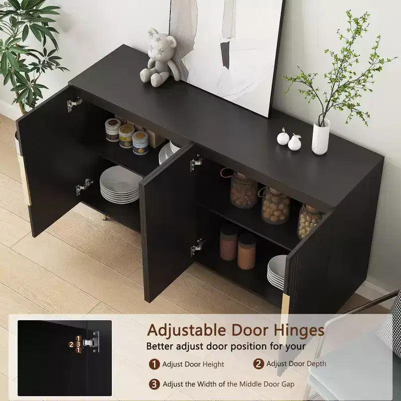Accent Storage Cabinet Serving Sideboard, Modern Mid Century Coffee Bar Cabinet with Vertical-Striped Doors and Adjustable Shelves