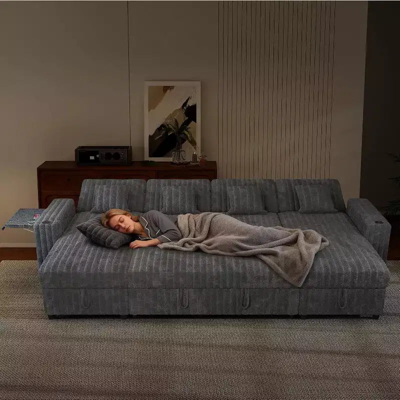 MooxvMoo 122 U-Shaped Convertible Sleeper Sofa with Storage, Adjustable Backrest, Side Table, USB Ports & Cup Holders, Grey