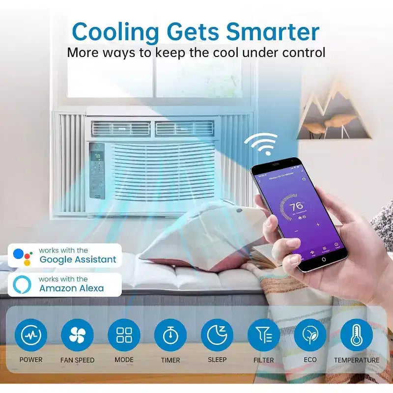 Aire acondicionado de ventana Acekool de 6,000 BTU, con Wi-Fi inteligente y control remoto, enfriamiento silencioso para habitaciones de hasta 23 metros cuadrados
