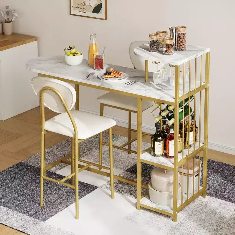 Acekool 3-Piece Dining Table Set for 2, Expandable Bar Table with Storage Shelves and Wine Rack, Small Kitchen Dining Set for Living Room
