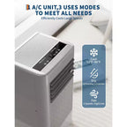 Climatiseur portable silencieux de 7 000 BTU, 3-en-1 CA/ventilateur/déshumidificateur avec télécommande, minuterie 24h et mode veille, rafraîchit les pièces jusqu'à 42 m²