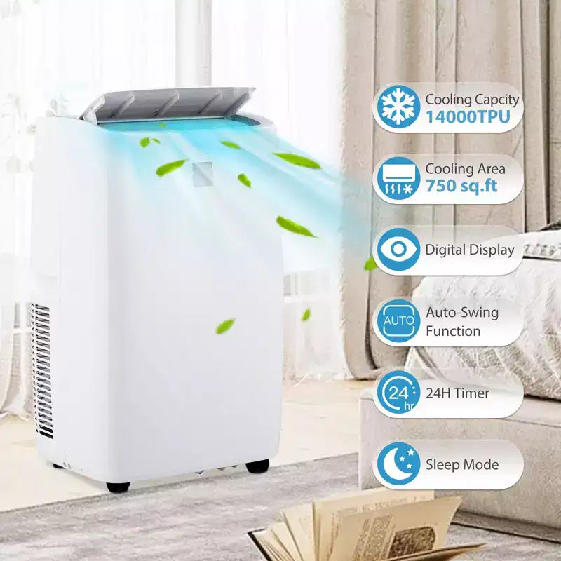Aire Acondicionado Portátil y Deshumidificador, 14,000 BTU para Habitaciones de 70 m², con Modo Noche, Ventilador Oscilante, Temporizador, Control Remoto y Kit para Ventana