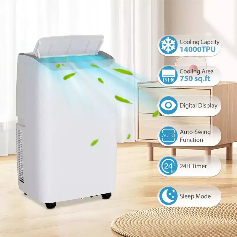 Climatiseur portable 14 000 BTU avec déshumidificateur intégré – Unité de climatisation portable pour pièces jusqu'à 70 m², télécommande, kit d'évacuation pour fenêtre