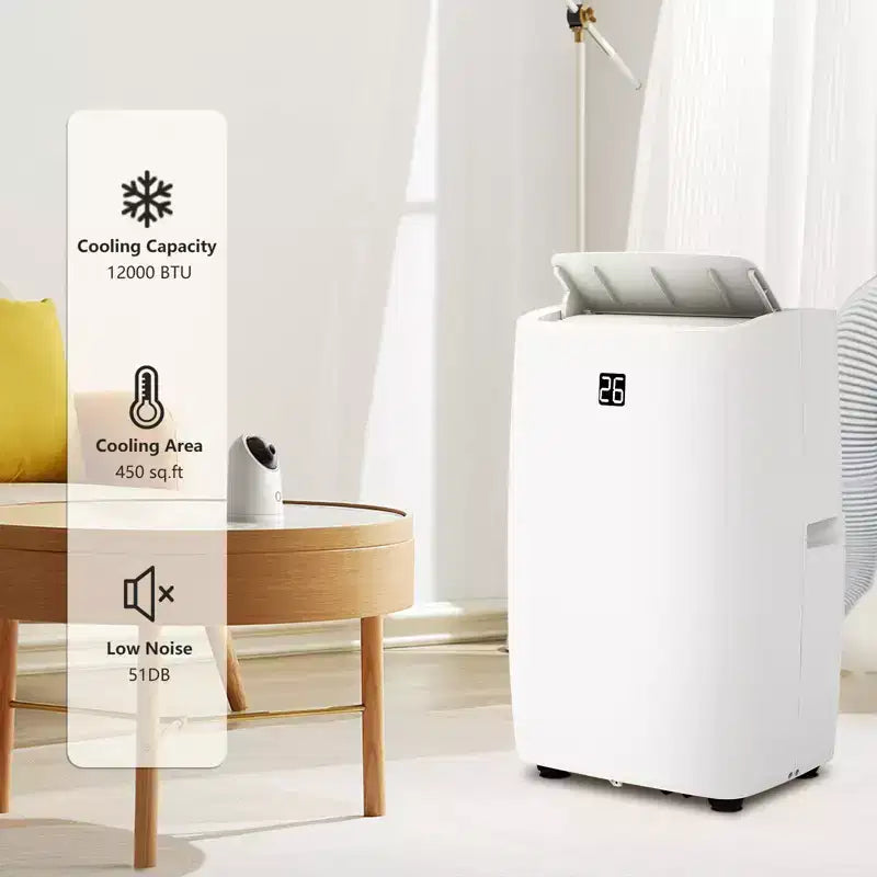 Acondicionador de aire portátil 3 en 1 de 12 000 BTU, modos de enfriamiento, deshumidificación y ventilador para habitaciones de hasta 51 m², con temporizador de 24 horas y control remoto