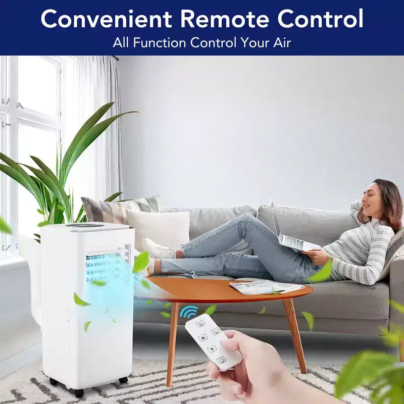 Aire acondicionado portátil de 10,000 BTU - CA 3 en 1 de bajo consumo para campamentos y habitaciones de hasta 450 pies cuadrados. Incluye deshumidificador, ventilador, control remoto y kit para ventana