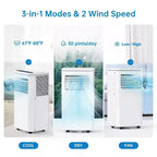 Climatiseur mobile portable 8 000 BTU : Appareil 4-en-1 avec déshumidificateur, ventilateur et mode nuit pour 32-42 m². Caractéristiques : installation facile, télécommande et minuterie 24h.