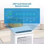 Climatiseur mobile portable 8 000 BTU : Appareil 4-en-1 avec déshumidificateur, ventilateur et mode nuit pour 32-42 m². Caractéristiques : installation facile, télécommande et minuterie 24h.