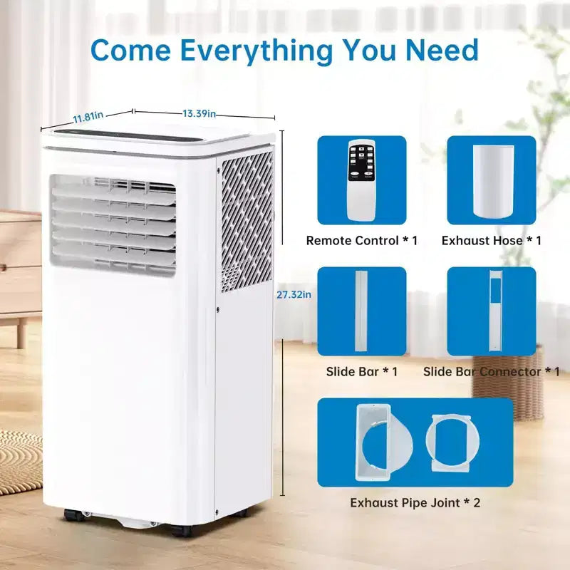 Climatiseur mobile portable 8 000 BTU : Appareil 4-en-1 avec déshumidificateur, ventilateur et mode nuit pour 32-42 m². Caractéristiques : installation facile, télécommande et minuterie 24h.