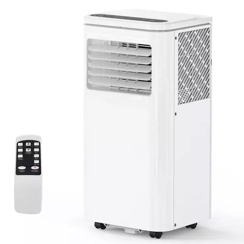 Climatiseur mobile portable 8 000 BTU : Appareil 4-en-1 avec déshumidificateur, ventilateur et mode nuit pour 32-42 m². Caractéristiques : installation facile, télécommande et minuterie 24h.