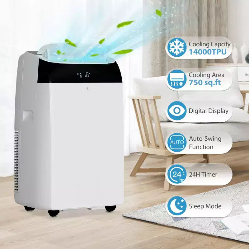 Climatiseur portable 14 000 BTU, 3-en-1 (climatisation, déshumidification, ventilation) pour grandes pièces jusqu'à 70 m², ultra-silencieux avec télécommande et minuterie.