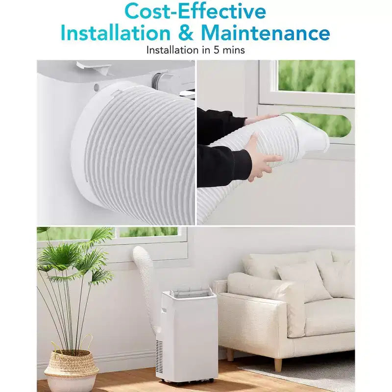 Climatiseur portable 3-en-1 de 12 000 BTU. Refroidit et déshumidifie jusqu'à 70 m² avec télécommande, mode veille, minuterie et kit d'installation. Idéal pour dortoir, bureau, maison.